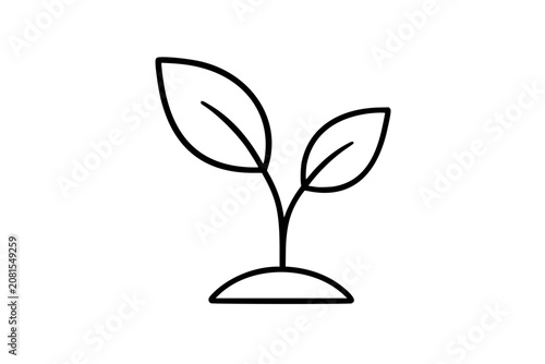 Tree sapling vector icon with two leaves on rounded soil mound, hand-drawn outline illustration in minimalist black line style for planting, growth, ecology, gardening and sustainability projects