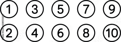 Bullet Points Icon Set with Round Number Symbols 1–10 in Line Style for Apps and UI