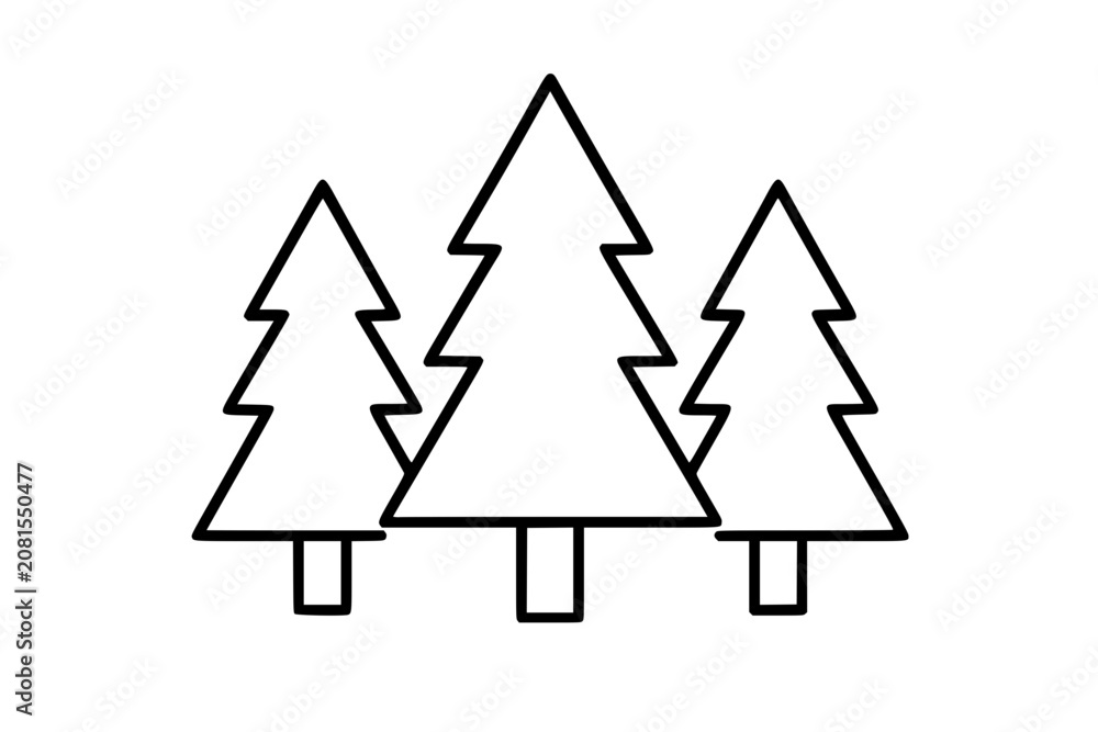 Fototapeta premium Three pine forest vector icon illustration in bold hand drawn outline style, minimalist evergreen trees with trunks for signage, camping maps, conservation projects, stickers and seasonal designs