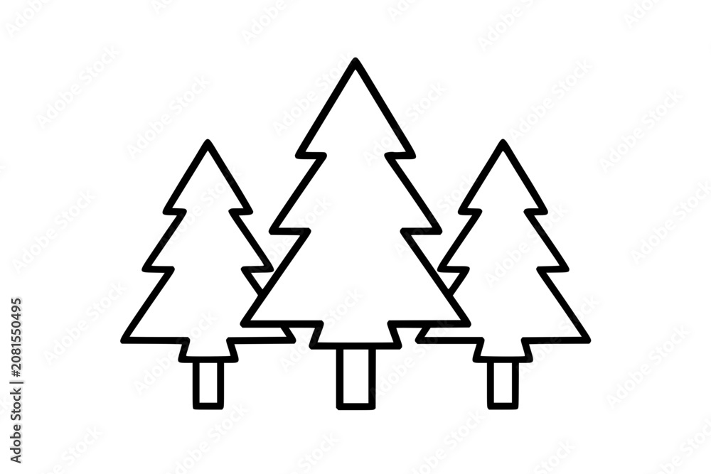 Obraz premium Layered evergreen forest vector icon illustration in smooth hand drawn outline style, three stylized pine trees for nature branding, camping guides, eco projects, stickers, signage and seasonal crafts