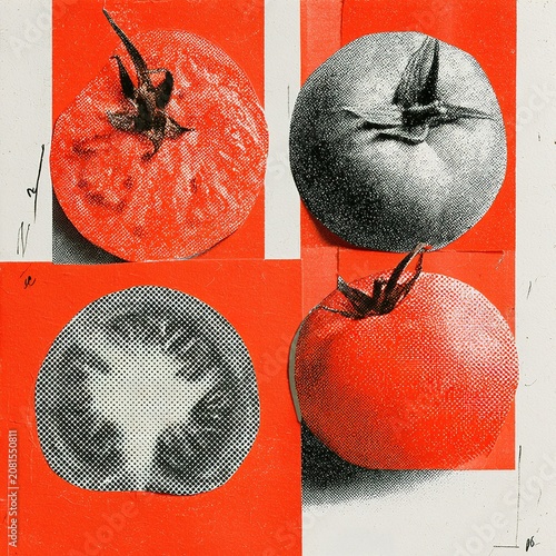 Halftone tomatoes pop art collage pattern
