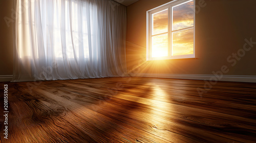 Sunlight streaming through window onto polished wooden floor