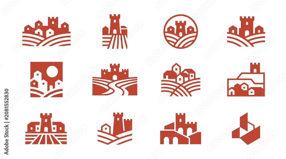 Naklejka premium Red castle village landscape icons.