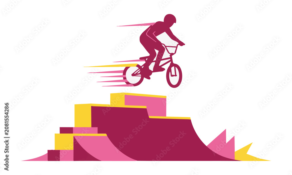 Obraz premium Silhouette of a bmx rider performing a mid-air trick over a stylized geometric ramp with energetic motion lines on a white background, action sports concept