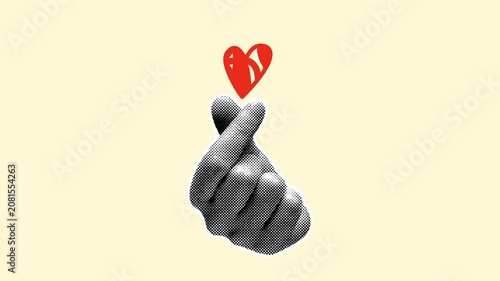 Halftone hand showing Korean finger heart gesture with red heart on beige background. Retro pop art style, seamless loop for love and social media content.