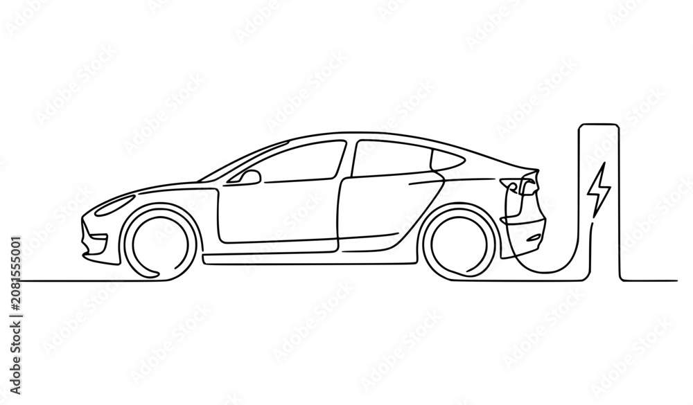 Fototapeta premium Elegant Single Continuous Line Electric Car Fast Charging Station Future Mobility Vector Graphic Illustration