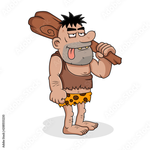 Funny Caveman Cartoon Character Holding Wooden Club Vector Illustration