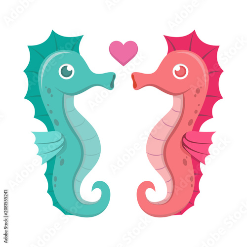 Cute Seahorse Couple in Love Cartoon Vector Illustration