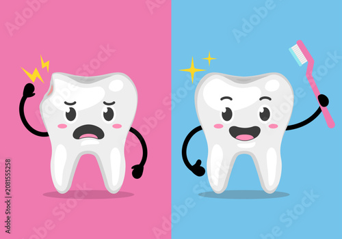 Cute Tooth Character Before and After Brushing Vector Illustration