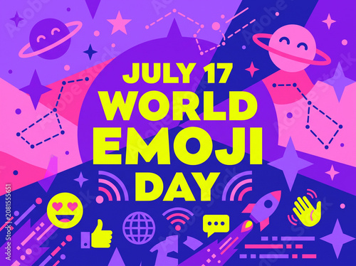 July 17 World Emoji Day Playful Block Lettering Cosmic Sky Constellation Vector