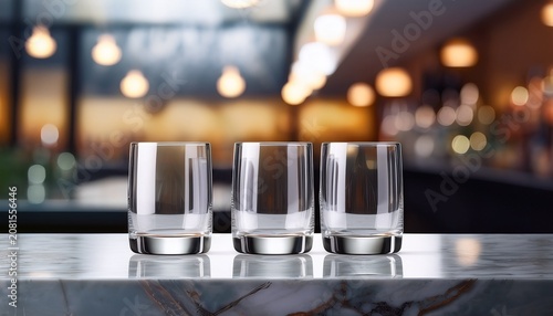 Minimalist Cocktail Glasses On Gray Marble Counter With Blurred Cool Tone Bar Background