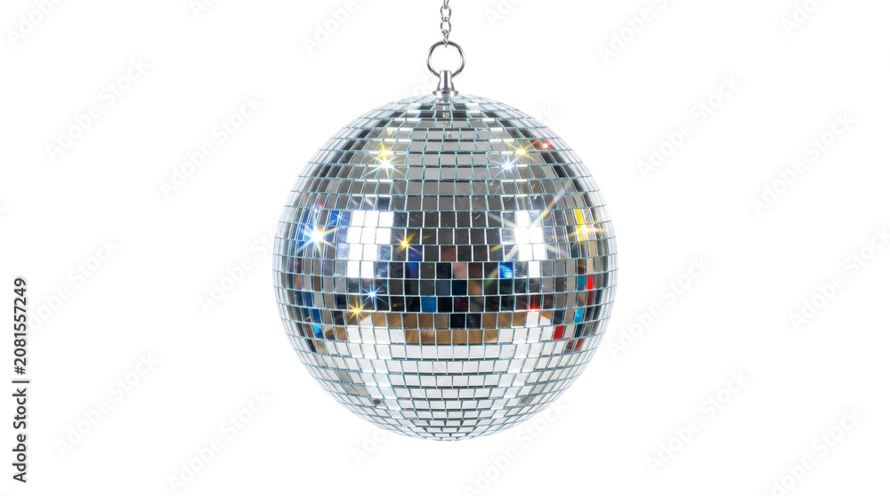 Fototapeta premium A disco ball hanging from a chain, reflecting colorful sparkling light flares against a PNG background.
