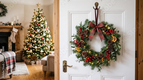 Beautiful Evergreen Christmas Wreath on Front Door with Warm Interior