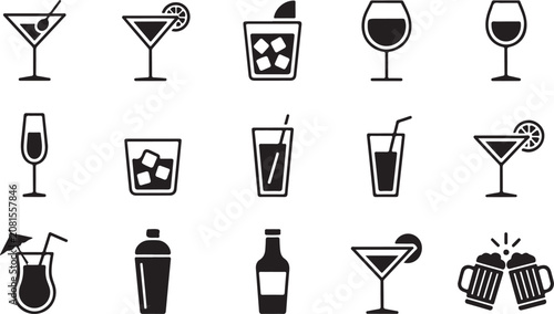 Cuadro en lienzo Black and white drinks icon set with martini glasses