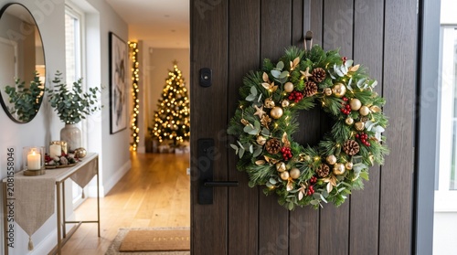 Traditional Christmas Door Wreath with Pine Cones and Red Ribbon