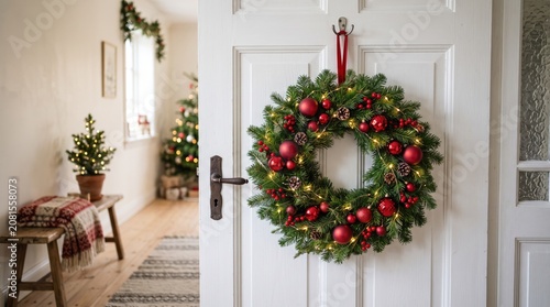Festive Christmas Wreath on Door with Decorated Tree in Background