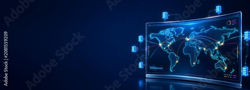 Glowing blue curved display showing global digital world map and server nodes, representing cloud computing technology and international data center infrastructure