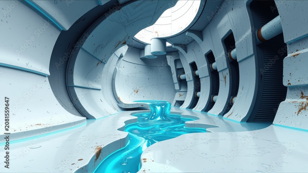 Fototapeta premium Futuristic tunnel interior. Blue liquid flows through metallic structure. Dim lighting creates dramatic perspective. Clean lines, industrial design.