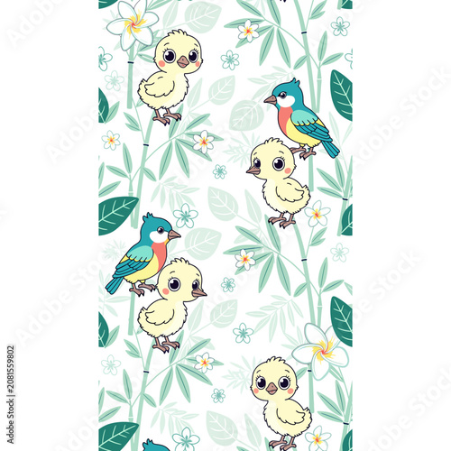 Cute Chicks and Birds on Bamboo