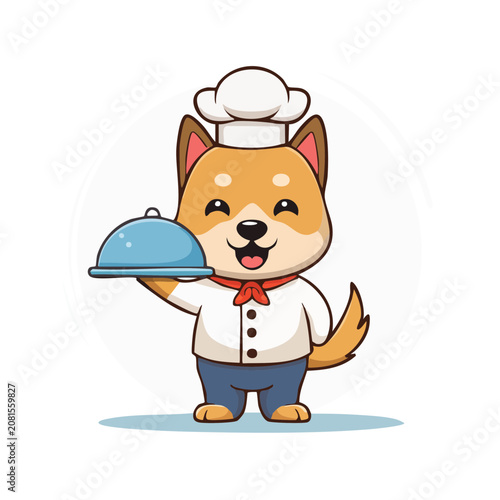 Cute Shiba Inu Dog Chef Holding Cloche