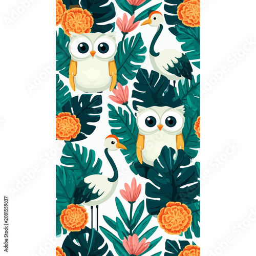 Cute owls and cranes with tropical leaves and flowers