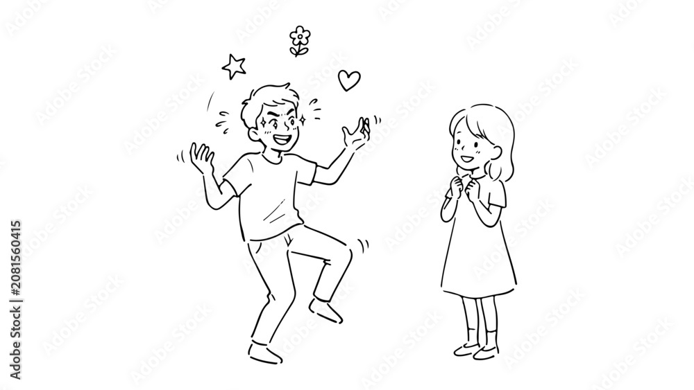 Fototapeta premium Happy Boy Excitedly Showing a Juggling trick to a Smiling Girl Cartoon Line Drawing of Young Romance, Cheerful line-art illustration of a boy excitedly juggling for girl