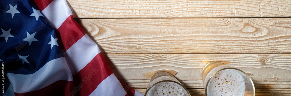 Fototapeta premium American beer banner with USA flag and rustic wooden texture