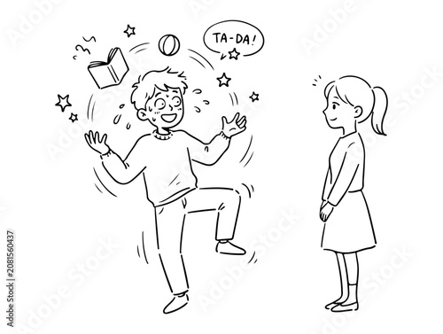 Canvastavla playful boy juggling book and ball while girl watches in happy line art illustra