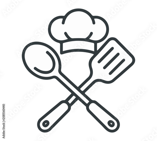 chef hat with whisk and spatula crossed icon for cooking kitchen culinary branding on white background