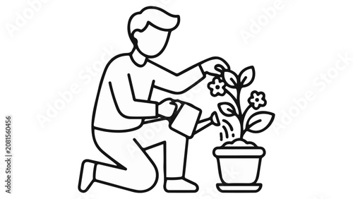 person watering potted plant while gardening indoors with care and calm nurturing gesture on white background