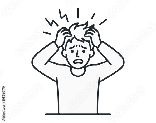 stressed young man pulling hair expressing anxiety and frustration line art illustration for mental health