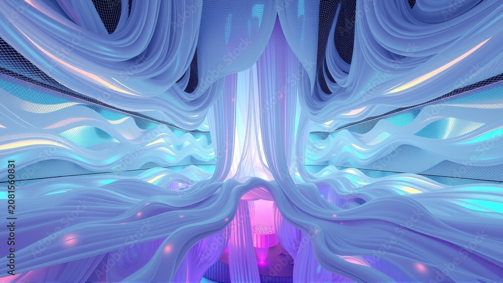 Fototapeta premium Abstract interior, flowing shapes, vibrant blue purple hues. Dramatic lighting creates immersive tunnel effect. Modern design.