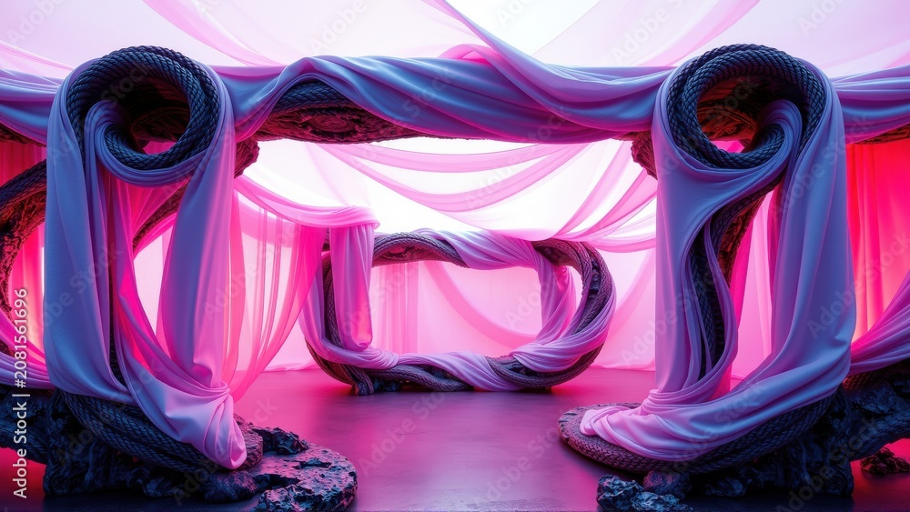 Fototapeta premium Abstract interior. Soft pink, purple hues dominate. Fluid shapes create organic tunnel, cavelike space. Dramatic lighting, modern design.