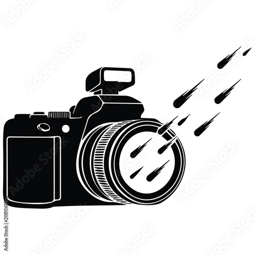 Camera with meteors shooting from lens silhouette vector illustration line art.