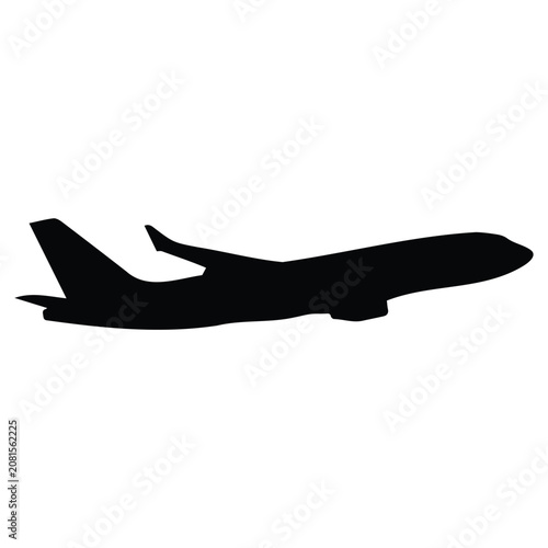 Modern passenger airplane silhouette side view flying high vector illustration in black.