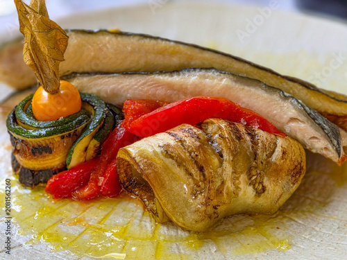 Italian Fish Fillet with Grilled Zucchini, Eggplant, Red Pepper and Physalis