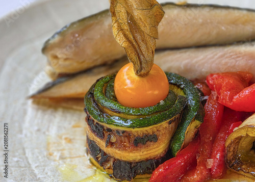 Italian Fish Fillet with Grilled Zucchini, Eggplant, Red Pepper and Physalis