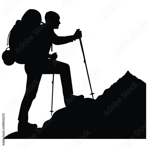 Silhouette backpacker with trekking poles climbing mountain illustration vector.