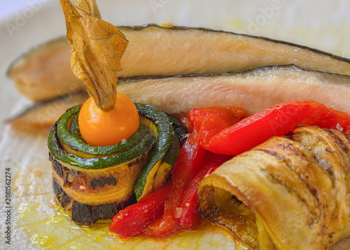 Italian Fish Fillet with Grilled Zucchini, Eggplant, Red Pepper and Physalis

