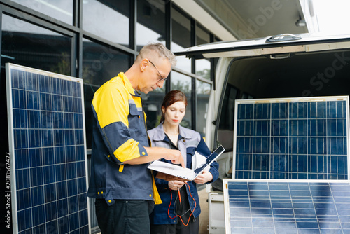 Two solar engineers using a laptop beside an installation vehicle to plan a photovoltaic project. Renewable energy, teamwork