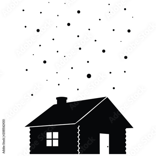 Snow falling on cabin silhouette illustration vector line art for winter holidays.