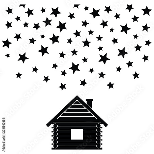 Starfall on cabin silhouette illustration vector line art for night sky fantasy.