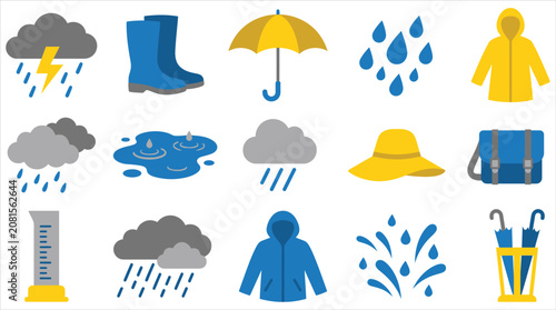 Bild auf Leinwand Comprehensive collection of flat design vector icons illustrating diverse rainy
