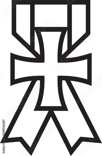 Obraz na plátně A stylized line art illustration of a military medal featuring a cross emblem with a ribbon and dangling streamers, presented in a clean, minimalist design
