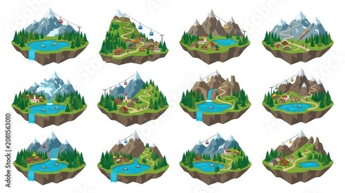 Mountain resort landscape illustrations with lakes trees and ski lifts