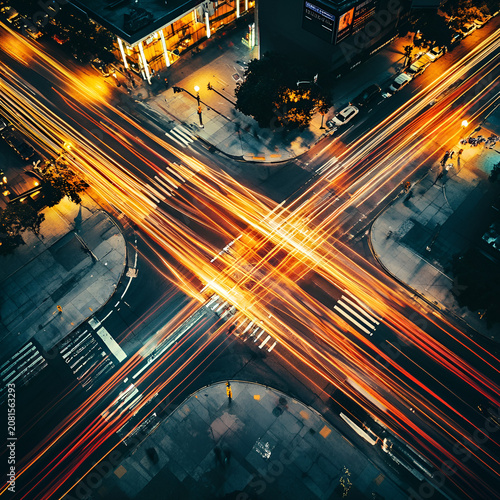 Vibrant aerial perspective of a bustling city intersection illuminated by light trails during nighttime