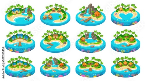Collection of 12 cartoon tropical island scenes with palm trees and huts