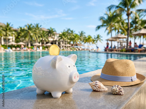 Vacation Fund Piggy Bank with Gold Coin by Luxury Swimming Pool Side
