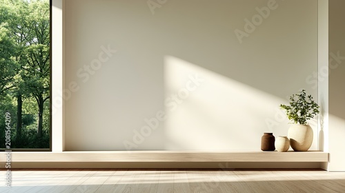 Interior scene with a large window, natural light, and minimalist decor