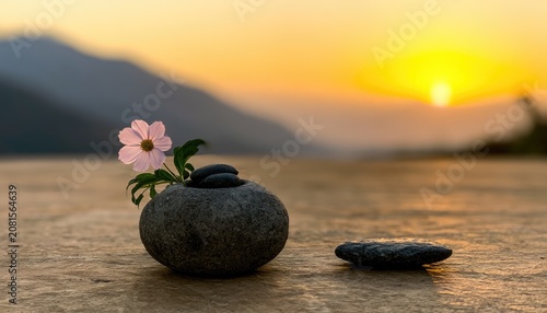 Serene sunrise with delicate flower in stone, against misty mountains